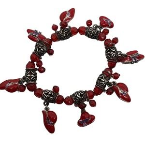 Red Hat Society Charm Bracelet Ruby Red Beads Enamel Hat‎ Charms Stretch Womens